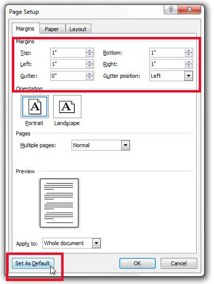 set the margins, then click set as default