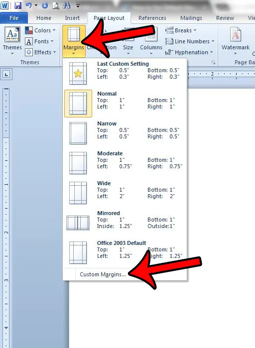 click margins, then click custom margins