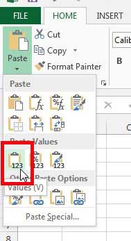 how to paste as values in Excel 2013