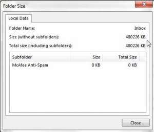 how to check the size of a folder in Outlook 2013