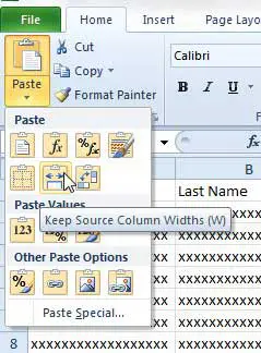 select the keep column widths option