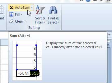 how to find the sum of a row in Excel 2010