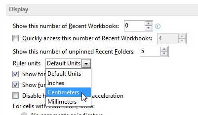 how to change the unit of measurement from inches to centimeters in excel 2013
