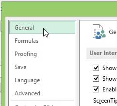 click general in the left column of the excel options window