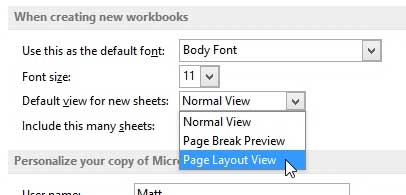 how to change the default view in excel 2013