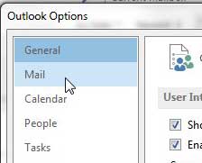 click mail in the left column of outlook options window