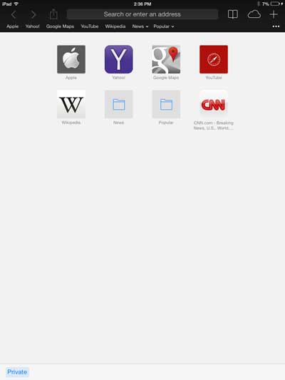 example of private browsing window in ios 7 on ipad 2