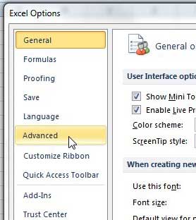 click advanced in the excel options window