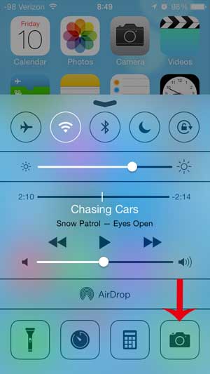 touch the camera icon in the control center