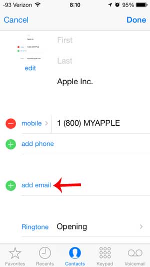 how to add an email address to a contact on the iphone