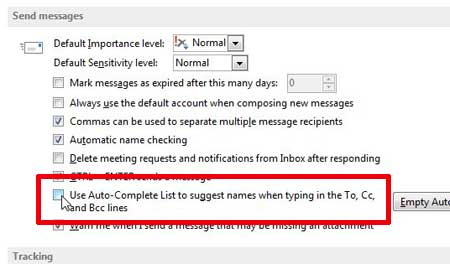 how to disable auto-complete in outlook 2013