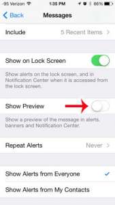 how to stop showing text message previews on the iphone lock screen
