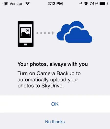 turn on the camera backup feature in skydrive