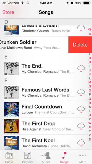 deleting a song on the iphone
