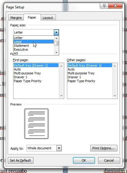 how to use legal sized paper by default in Word 2010