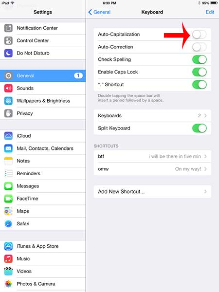 how to turn off auto capitalization on the iPad