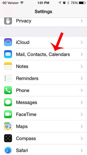 touch the mail, contacts, calendars option