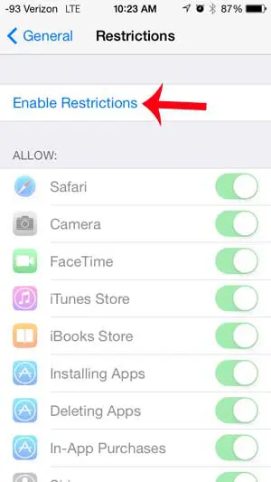 touch the enable restrictions button