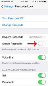 how to set a longer passcode in ios 7 on the iphone 5