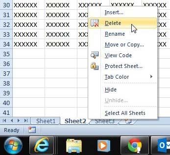 right-click the worksheet, then click the delete button