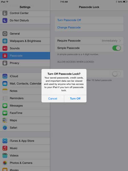 how to turn off the passcode on the ipad 2