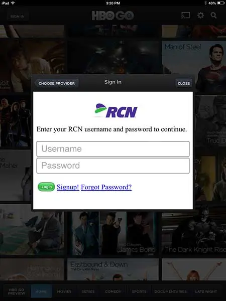 enter your hbo go username and password