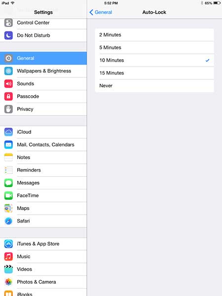 how to increase the auto-lock time on the ipad