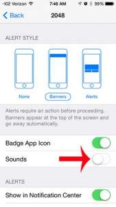 how to turn off alerts for 2048 on the iphone