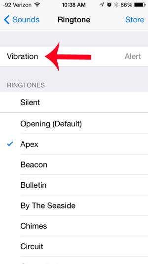 touch the vibration option at the top of the screen