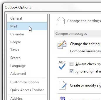 click the mail option in the outlook options window