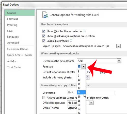 how to change the default font size in excel 2013