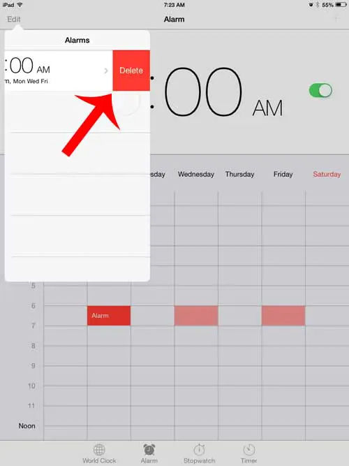 touch the delete button to the right of the alarm that you want to delete