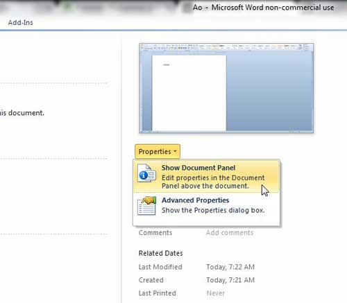 click properties, then show document panel