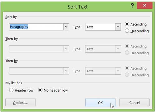 set the sort parameters for your text