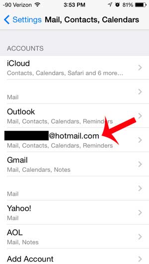 select the hotmail account to delete from the iphone