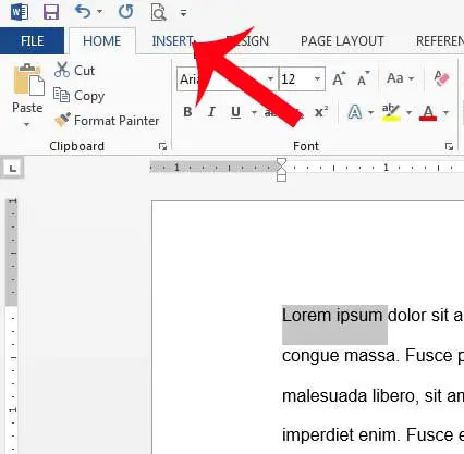 click the Insert tab at the top of the Word 2013 window