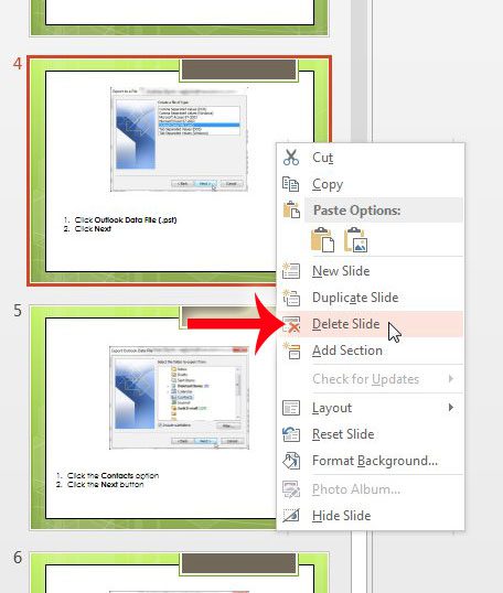 right-click the slide, then click delete slide