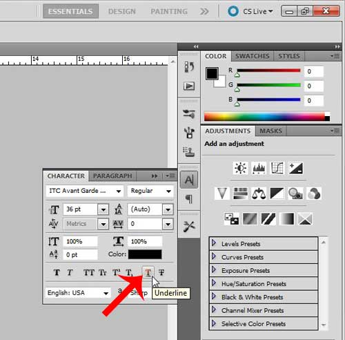 how to underline text in Photoshop