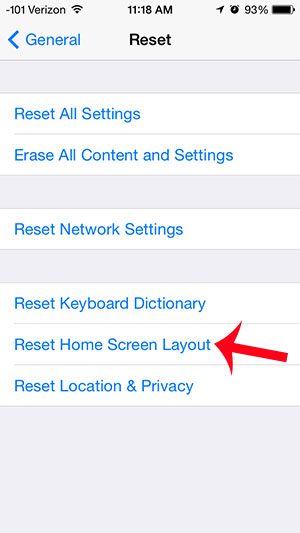 touch the reset home screen layout button