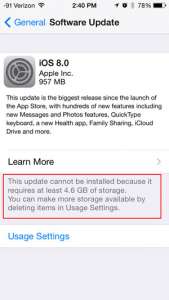 amount of space for ios 8 update