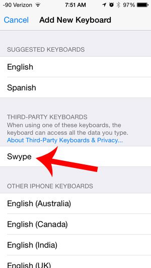 select the swype keyboard