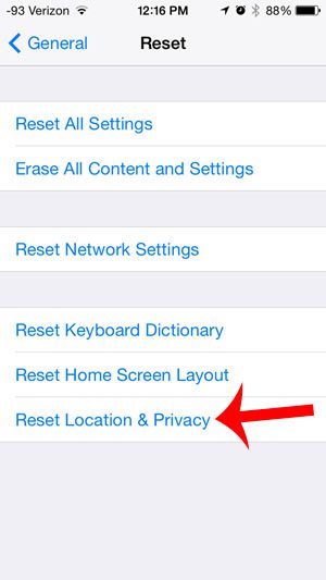 select the reset location and privacy option