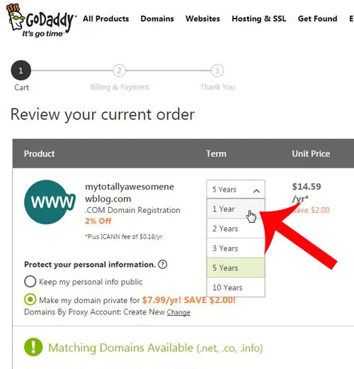 select the number of years to purchase the domain