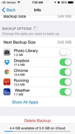 touch the show all apps button, then turn off features from the icloud backup