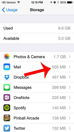 find the amount of storage used by mail app