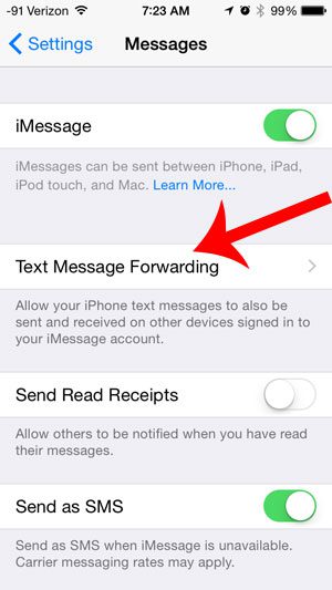 touch the text message forwarding button