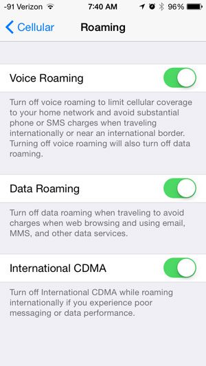 check iphone roaming settings