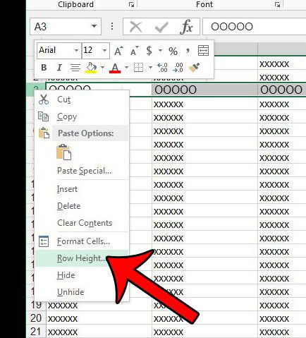 right-click the row number, then click row height