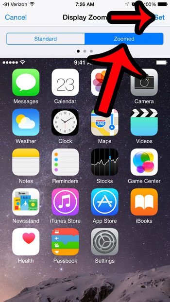 select the zoom option at the top of the screen, then press the Set button