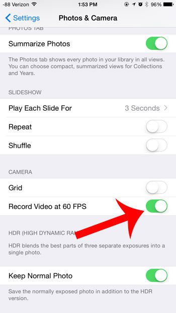 turn on the record video at 60 fps option